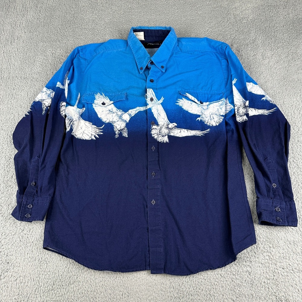 Vtg Roper Western Shirt Mens Large Blue Button Up Long Sleeve Eagle Wrap Around